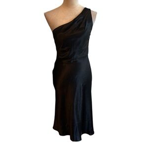 Jenny Yoo Collection Black Satin One Shoulder Asymmetrical Midi Dress Size 2